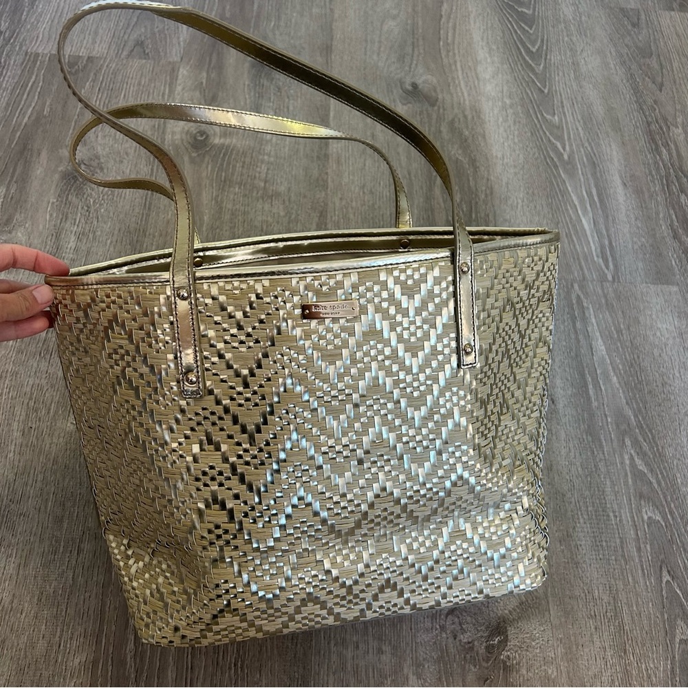 Kate Spade PXRU Gold Metallic Woven Straw Tote Shoulder Bag